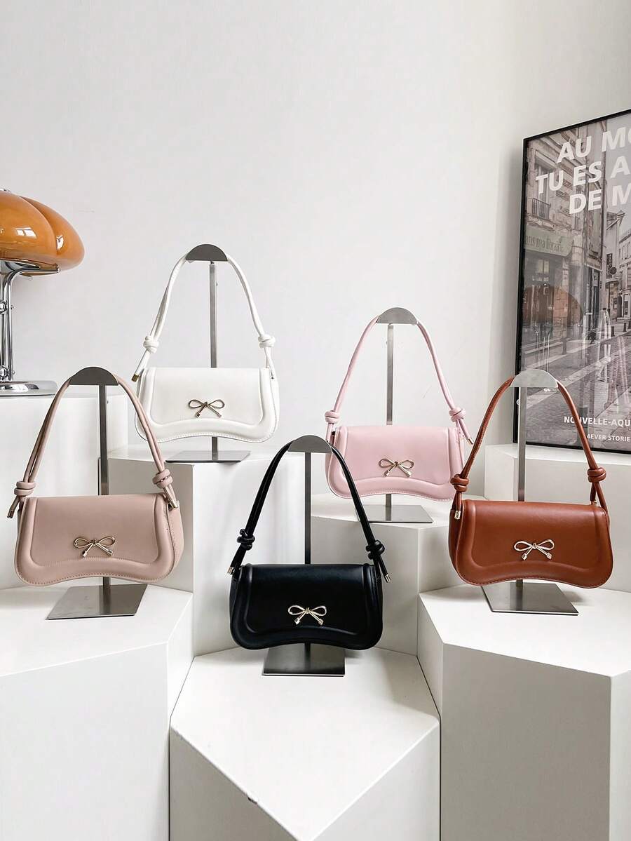 时尚新款蝴蝶结装饰单肩包，街头风格休闲通勤斜挎包，简约纯色腋下包，女士