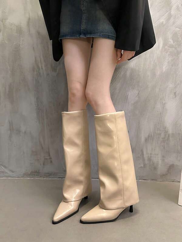 [Elegant High Heel Boots] Versatile Mid-Calf High Heel Boots - Elegant Women's Boots, Comfortable PU Upper, Rubber Sole, Suitable For Daily Wear And Travel