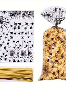 50pcs Halloween Opp Flat Pocket Small Food Packaging Bag Transparent Black Spider Bag Candy Biscuit Packaging Bag.