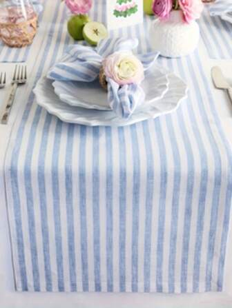 1pc Sky Blue & White Striped Table Runner, Rectangular Kitchen And Dining Room Decor, Suitable For Vanity, Coffee Tables, Easter And Everyday Use