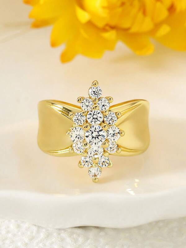 1pc Luxurious Cubic Zirconia Decorated Copper Ring, Suitable For Women Everyday Wear, Wedding Engagement Party Jewelry, Valentine's Gift
