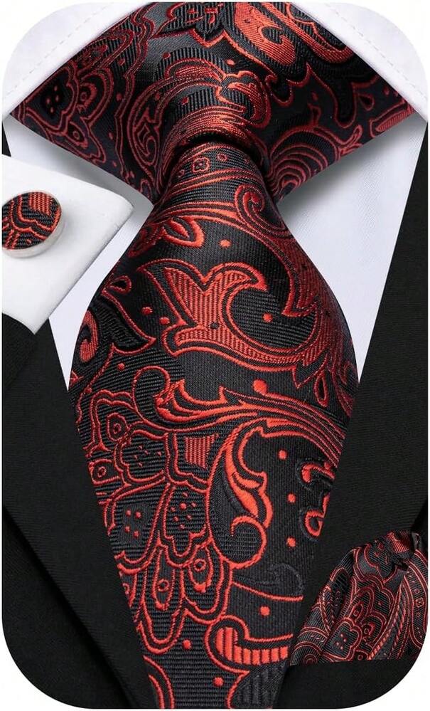 LLHIGXEADERE Hi-Tie Mens 70 Inches Tie Set Extra Long Necktie With Cufflinks Handkerchief For Big And Tall Men Business Wedding - Black Red - View 1