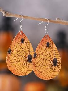 1 对哥特式蜘蛛网和豹纹泪珠吊坠耳环，万圣节 PU 双面派对耳环，万圣节耳环礼物