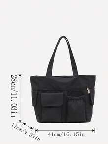 Solid Color Nylon Fabric Multi-Pocket Large Capacity Tote Bag, Simple Lightweight Laptop Friendly College Style Versatile - Black - View 2
