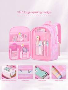 1 件套流沙公主印花背包，带可爱蝴蝶结，多口袋大容量，可调节肩带，拉链开合，涤纶衬里，防水材质，适合通勤、日常使用、返校礼物