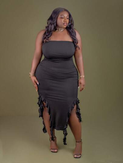 CurvyTilda Tildaharris Plus Long Summer Dress Ruffle Trim Ruched Side Tube Bodycon Dress, For Hourglass Body Shape