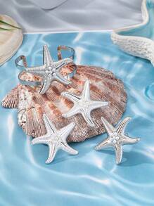1 set de bracelet ouvert avec pendentif étoile de mer, bague avec pendentif étoile de mer et boucles d'oreilles avec pendentif étoile de mer. Style de station balnéaire européen et américain. Ensemble de bracelets, bagues et boucles d'oreilles pour femmes