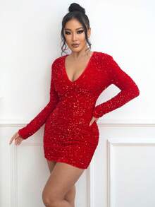 Joyfunear 女式时尚性感亮片紧身迷你连衣裙 - 紅色 - 查看 2