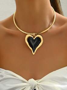 1pc Fashionable Minimalist Asymmetrical 3D Heart Contrast Color Pendant Necklace, Versatile For Daily Wear, Festivals, Parties, Beach Vacation - Gold/Silver - View 5