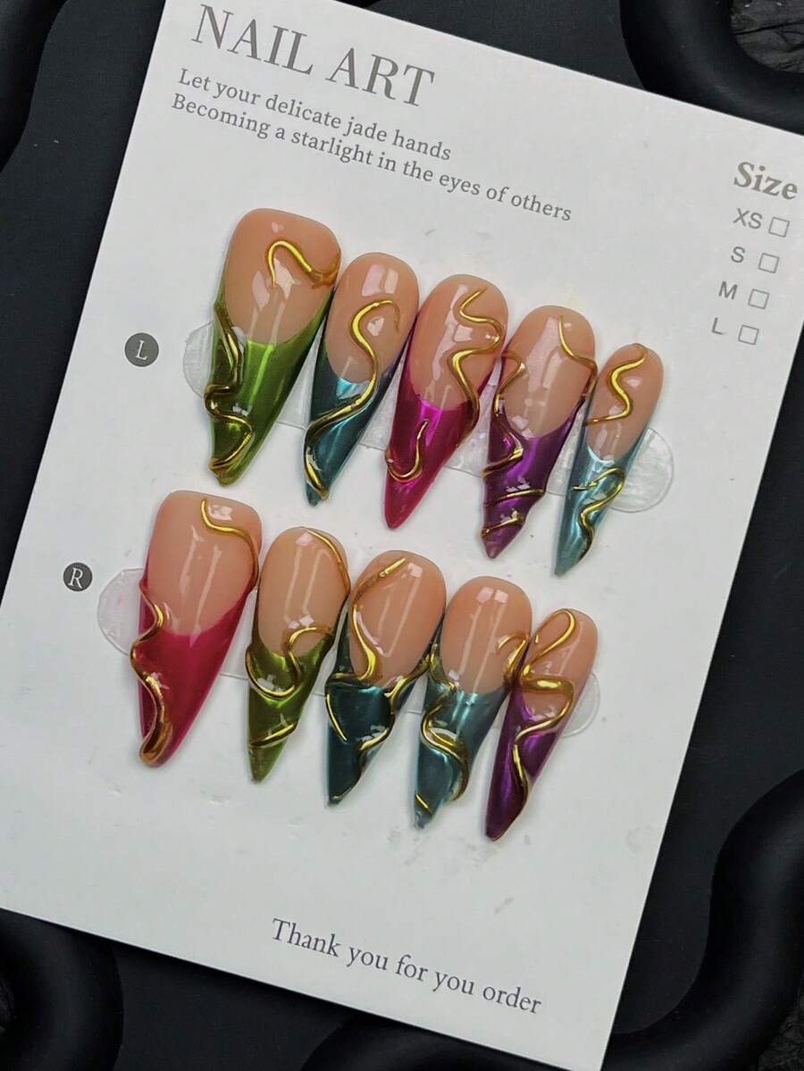 10片装欧式手工可佩戴美甲贴纸，3D手绘法式杏仁形多色美甲贴纸，带十字边框，适合派对、日常佩戴、约会、海滩、热带度假、DIY美甲，是送给女性和女孩的绝佳礼物，美甲用品，手工按压式美甲贴片 - 彩色 - 查看 1