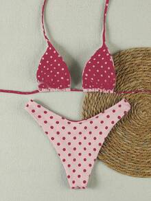 新款春夏性感休闲优雅女士蜜桃波点吊带比基尼沙滩度假约会泳衣套装 - 彩色 - 查看 4