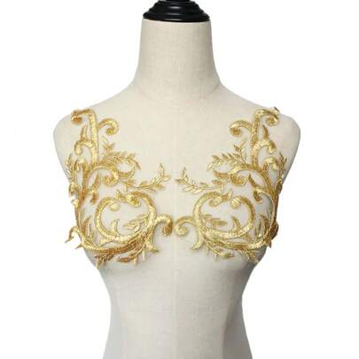 1 Pair Gold Embroidered Floral Fabric Appliques, Decorative Patches For Wedding Dress