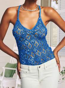 Summer Outfits For Women Sequin Knit Tank Tops For Women Summer Slim Fit Deep V Neck Hollow Out Sleeveless Spaghetti Strap Vest