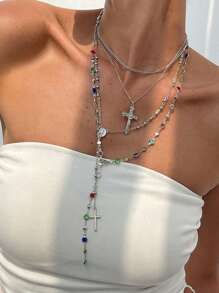 4pcs/Set Layered Summer Bohemian Cross & Virgin Mary Beaded Necklace, Suitable For Vacation, Prayer, Baptism Wearing