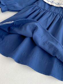 1pc Young Girls Embroidered Floral Ruffled Hem Long Sleeve Dress, Casual Fashion & Comfortable, Autumn - Blue - View 9