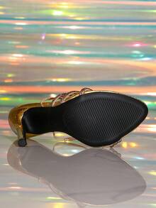 女士露趾星形高跟凉鞋，水钻装饰踝带，优雅高端派对正装鞋，金色