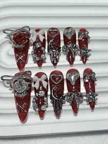 10 件 Siren Rouge 奢华手工可穿戴指甲蝴蝶结爱心钻石长尖假指甲猩红色万圣节按压指甲美甲用品（1 张果冻贴纸+1 个指甲锉） - 紅色 - 查看 1