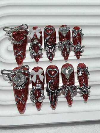10 PIEZAS Juego de uñas postizas de lujo Siren Rouge, elaboradas a mano, usables, con lazo, diamante de amor, puntas largas, de color rojo escarlata para Halloween, con un juego de 1 hoja de pegatinas de gelatina + 1 lima de uñas