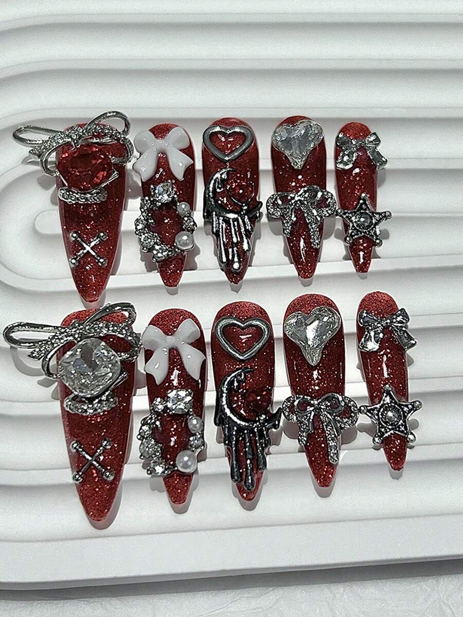 10 件 Siren Rouge 奢华手工可穿戴指甲蝴蝶结爱心钻石长尖假指甲猩红色万圣节按压指甲美甲用品（1 张果冻贴纸+1 个指甲锉） - 紅色 - 查看 1