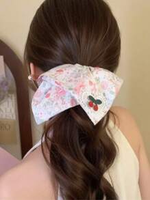 1pc Pink Rose Rabbit Floral Scrunchie, Bow, Heart, Cherry Print Sweet Girl Low Ponytail Hair Tie, Polyester Bohemian Hair Accessory, Hair Bobbles