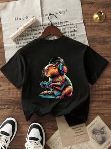 男童及青少年休闲印花圆领短袖T恤，夏季上衣