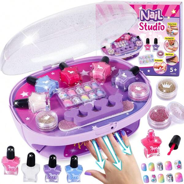 Golray Nail Polish Set For Girls, All-In-One Nail Art Kit - Dryer/ Glitter Powder/ False Nails/ Nail Decals/ Toe Separator/File, Age 3-12 Little Girl Gift Toys