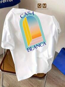 Camiseta informal "CASA BLANCA" para hombre - Estampado de letras "Casa Blanca", manga corta, corte regular, material resistente y lavable a máquina, cómoda para todas las estaciones, estilo relajado, para diario | Camiseta de corte relajado | Camiseta cómoda
