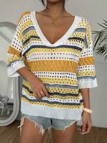 Suéter de punto calado con rayas de color contrastante para mujer de talla grande, adecuado para vacaciones y fiestas en la playa - Amarillo - Ver 2