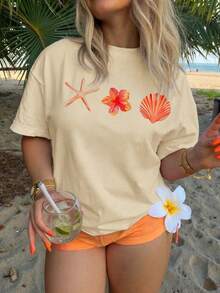 Summer Apricot Short Sleeve Top, Decorated With Shell And Starfish Patterns. Loose Style, Easy To Match, Perfect For Casual And Vacation Wear. - Apricot - View 9