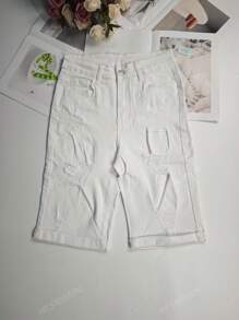 Pantalones cortos vaqueros de ajuste delgado con dobladillo enrollado y efecto desgastado, para primavera/verano