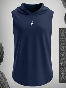 Men's Graphic Print Lightweight Breathable Hooded Sports Jacket, Suitable For Camping, Training, Outdoor Running - Navy Blue - View 1