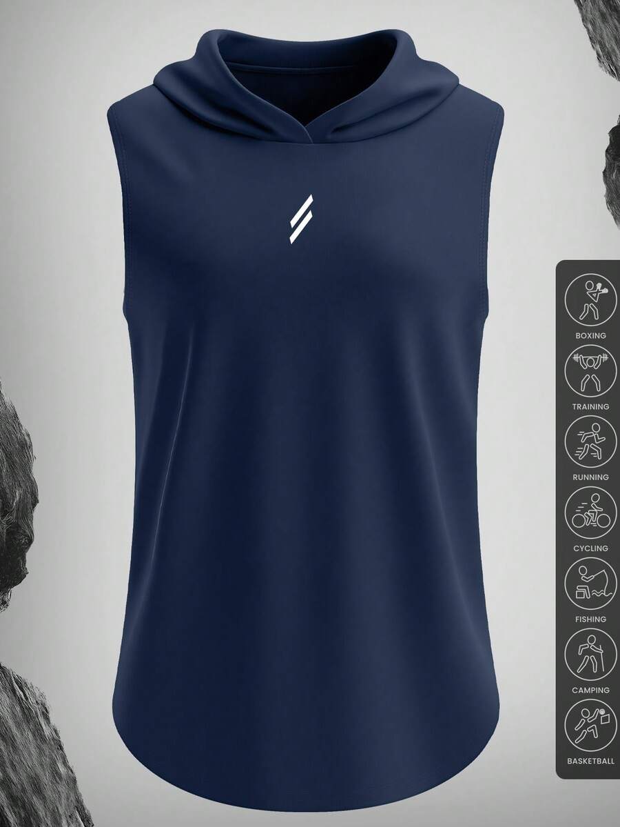 Men's Graphic Print Lightweight Breathable Hooded Sports Jacket, Suitable For Camping, Training, Outdoor Running - Navy Blue - View 1