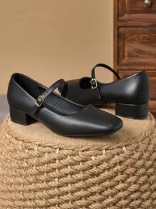 Mary Janes Coffee Square Toe 3cm Heel Pump Shoes, Suitable For Work, Commute, Social Gatherings, Retro Black, Fashionable Beige Casual Shoes - Black - View 2