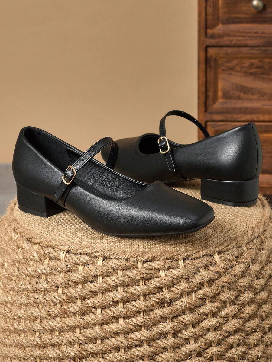 MonaNise 玛丽珍咖啡方头3厘米高跟鞋，适合工作、通勤、社交聚会，复古黑色，时尚米色休闲鞋 - 黑色 - 查看 1