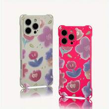 Funda para teléfono con diseño de flor rosa, funda colgante para teléfono con cuatro esquinas, 13 Pro, 15 Plus, 14, 16, 12, TPU, 1 unidad - Colores mixtos 1 - Ver 2