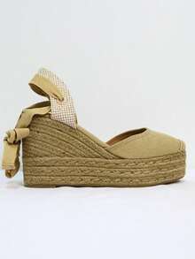 Platform Sandals With Long Laces And Closed Toe - Khaki - View 5