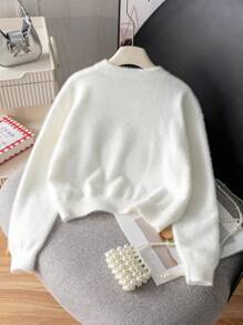 女童休闲纯色纽扣短款人造毛皮针织开衫，适合日常、度假、春季、秋季、冬季 - 白色 - 查看 3