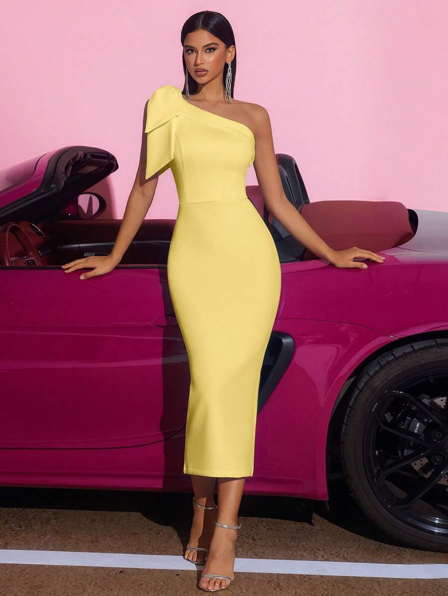 Elisanya Bow Decor Midi Prom Dress High Waist Backless Split Formal Party Dress, Wedding Guest Cocktail Dress, For Graduation Homecoming And Date Night - Yellow - View 1