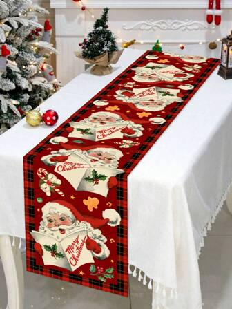 1pc 35*180cm/13.78*70.87inch Christmas Decorative Polyester Tablecloth, Red Background Vintage Santa Claus & Merry Christmas Print, Festival Atmosphere, Dining Room, Living Room, Coffee Table, Holiday Party, Home Textile Decor