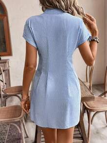 Women Elegant Striped Short Sleeve A-Line Shirt Dress, High Waist Button Casual Office Dress In Light Pink Color, Comfortable Polyester Fabric, French Style, Casual Shirt Dress, High Waist, Office Dress, Elegant Style, All-Season Solid Color Striped Casual Button Fabric Pleated Decor