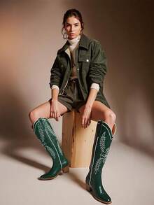 Pull On Almond Toe Cowboy Boots For Women, Mid-Calf Chunky Heel With Vintage Western & Embroidered Details, Great For Party Or Holiday Gathering​ - Green - View 1