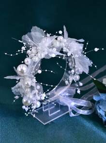 1 Pezzo Cerchietto da sposa con fiore in rete bianca, perline e nappe in stile coreano, accessorio per capelli da sposa per donna HP785