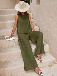 Spring - Summer Casual  Set, Sleeveless Polyester Top, Wide - Leg Pants Combo, Fashion Solid Color Two - Piece - 軍綠色 - 查看 3