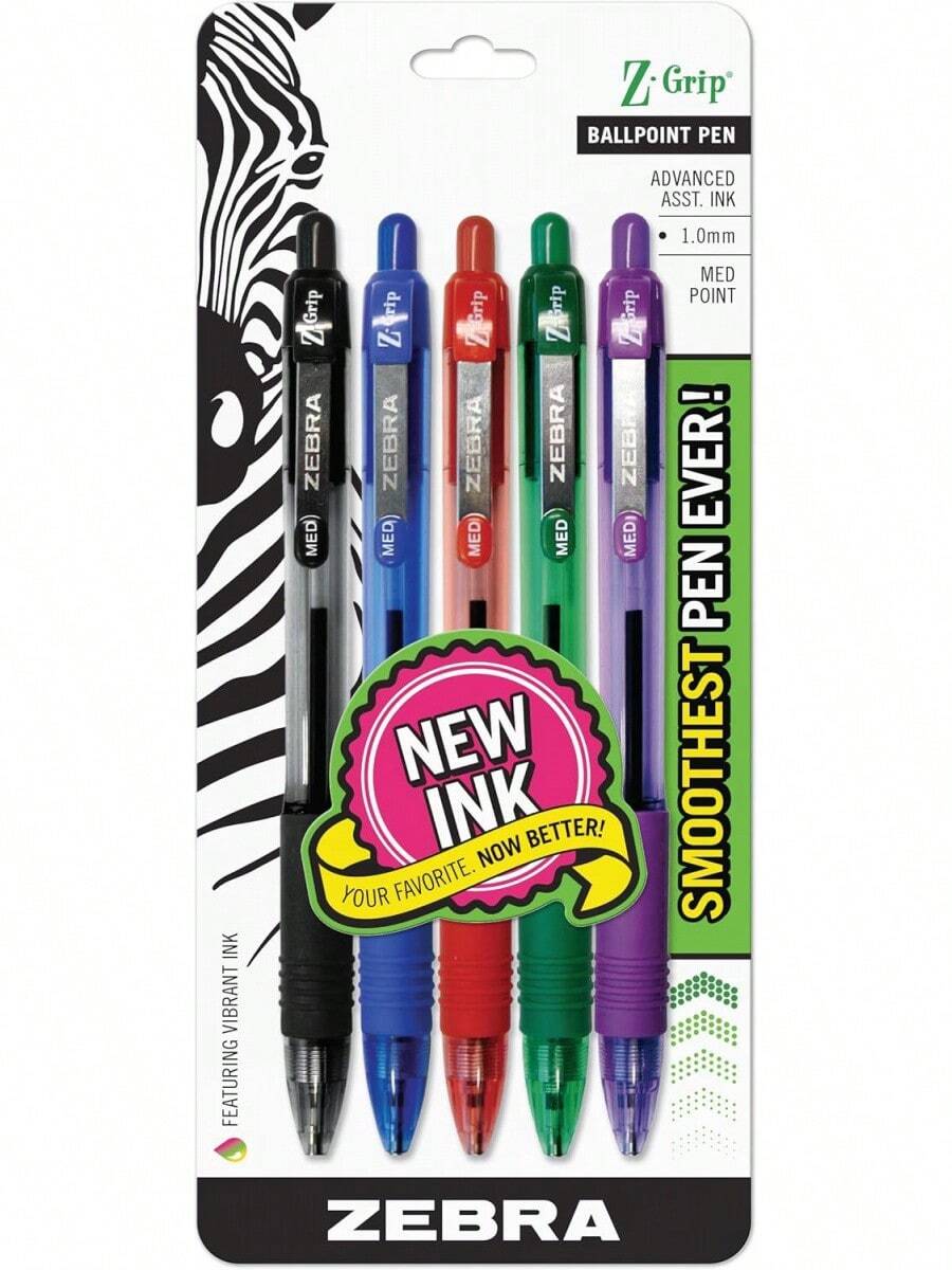 Zebra Pen Z-Grip Retractable Ballpoint Pen, Medium Point, 1.0mm, Assorted Colors - 5 Pieces - Đen B - Xem 1