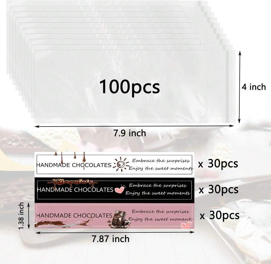 190Pcs Chocolate Bar Packaging Set, 100pcs 4*7.9" Clear Bags & 90pcs Stickers For DIY Chocolate Lovers,6912309 - trái cam - Xem 1