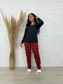 Long Pajamas Plain Shirt Red Plaid Pants - Nhiều màu - Xem 5