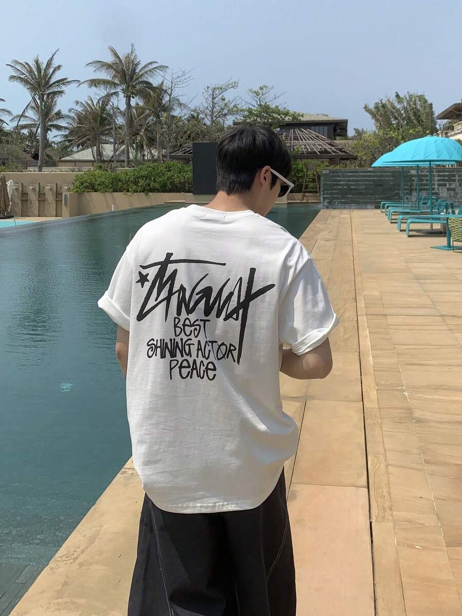 200g Cotton T-Shirt 2025 Men's New Short-Sleeved Cotton Vacation Pattern Short-Sleeved Crew Neck Matching Look