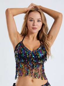 Costume da ballo del ventre con frange e paillettes, costume da cantante con schiena scoperta adatto per discoteca e bar