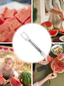 1/3PCS [Popular Choice] 2-In-1 Stainless Steel Watermelon Slicer & Fork - Easy Cutting And Serving Tool For Fresh Watermelon, Creative, Cutting Into Cubes