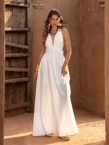 Faeriesty BohoBloom Elegant Deep V-Neck Backless Tie Strap Summer Dress - Refined Beach Vacation, Casual Summer And Bohemian Outings - White - View 8